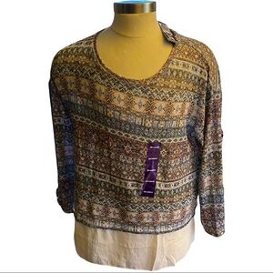 Kiara Sahara Geometric Lightweight LS Sweater w/ White Mock Undershirt Women XXL